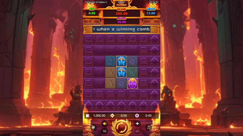 Treasures of Hades 2 — основен геймплей екран на слота с барабани 3×3 и 20 betways от Rectangle Games